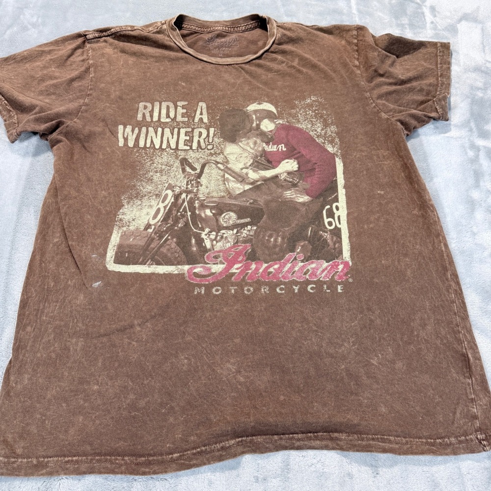 Indian Motorcycle Mens Brown Mineral Wash Graphic T-Shirt Ride A Winner Size‎ M